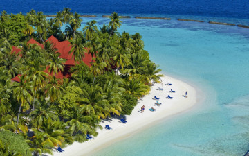 Картинка природа тропики люди берег крыши песок пляж море пальмы
