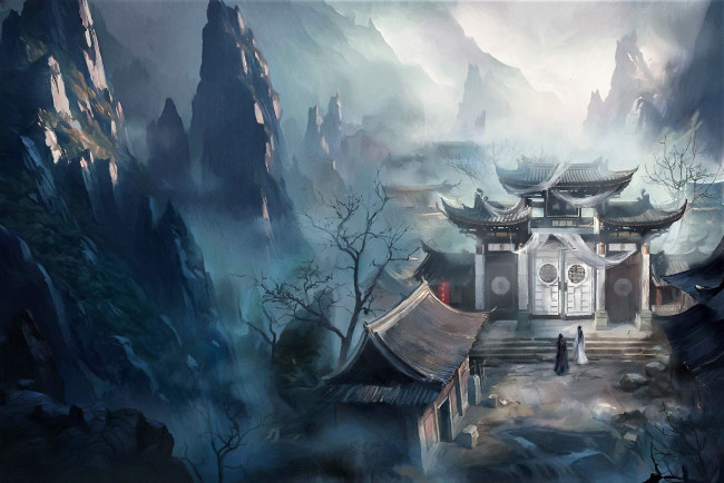 Обои картинки фото аниме, mo dao zu shi, вэй, усянь, лань, ванцзи, горы, селение