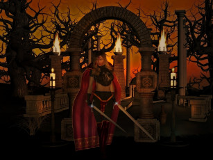 Картинка 3д графика fantasy фантазия мечи девушка огни арка