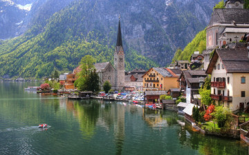 Картинка austria города пейзажи австрия дома церковь озеро