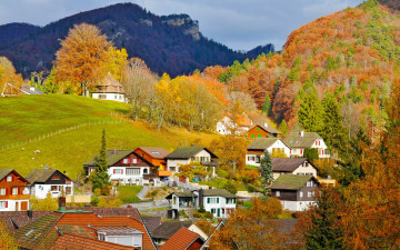 обоя switzerland, города, пейзажи, швейцария, городок, горы, леса, дома, деревья