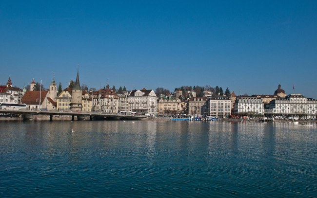 Обои картинки фото switzerland, города, пейзажи, озеро, мост, здания, дома, швейцария