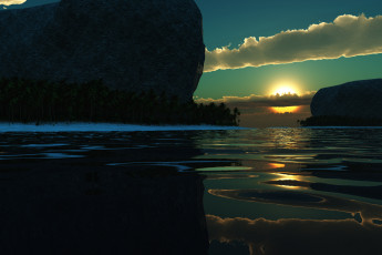Картинка patience 3д графика nature landscape природа тропики пляж океан пальмы закат