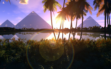 Картинка morning at the pyramids 3д графика nature landscape природа пирамиды река утро пальмы
