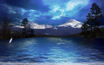 Картинка tranquil lakeview 3д графика nature landscape природа цапля горы облака озеро