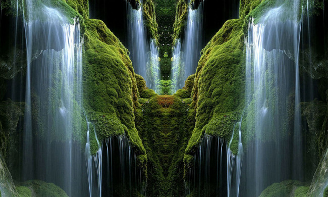 Обои картинки фото green, waterfalls, разное, компьютерный, дизайн, ущелье, отражение, водопады, зелень