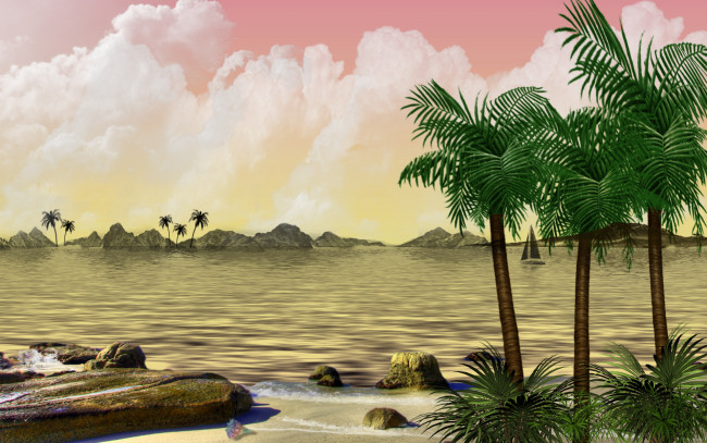 Обои картинки фото tropical, fun, 3д, графика, nature, landscape, природа, лагуна, облака, пальмы, тропики