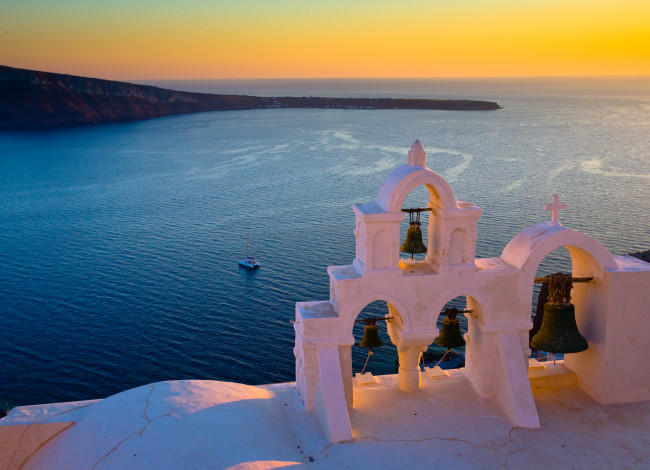 Обои картинки фото santorini, greece, природа, побережье, колокола, санторини, греция, море