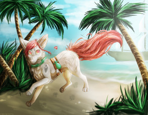Картинка рисованные животные +сказочные +мифические песок пальмы пляж небо облака море