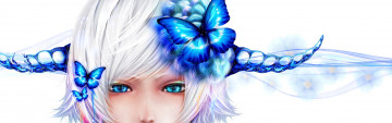 Картинка аниме -angels+&+demons синий белый фон бабочки bouno satoshi арт рога лицо девушка