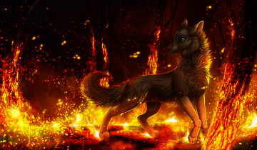 обоя рисованные, животные,  собаки, животное, волк, огонь, пламя