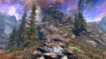 Картинка the+elder+scrolls+v +skyrim видео+игры деревья скала ручей небо