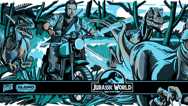 Обои картинки фото рисованное, кино, мотоцикл, мужчина, jurassic, world, динозавры