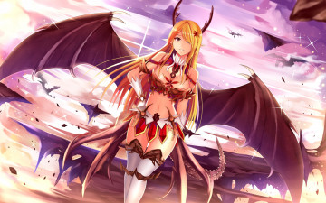 Картинка аниме ангелы +демоны рога демон крылья девушка