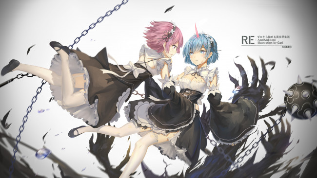 Обои картинки фото аниме, re,  zero kara hajimeru isekai seikatsu, оружие, сёстры, рем, демоны, рам