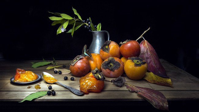 Обои картинки фото еда, хурма, фрукты, листья