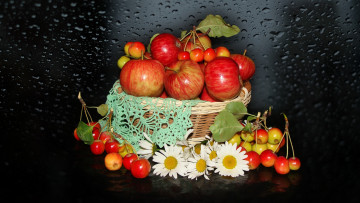 Картинка еда Яблоки harmony beauty китайка beautiful красивые корзинка красота яблоки ромашки настроение природа