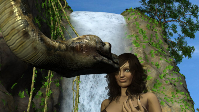 Обои картинки фото 3д графика, фантазия , fantasy, взгляд, фон, змея, девушка