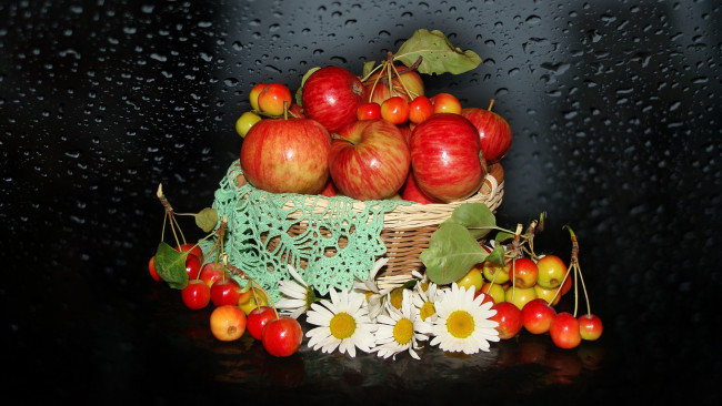 Обои картинки фото еда, Яблоки, harmony, beauty, китайка, beautiful, красивые, корзинка, красота, яблоки, ромашки, настроение, природа