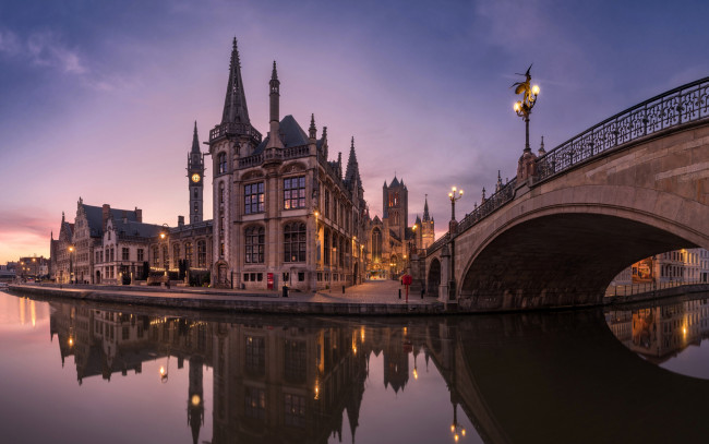 Обои картинки фото города, гент , бельгия, река, мост, вечер, огни
