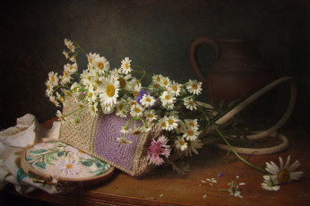 Картинка цветы ромашки пяльцы корзинка вышивка