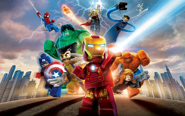 Обои картинки фото видео игры, lego marvel super heroes, персонажи, герои, город, лего