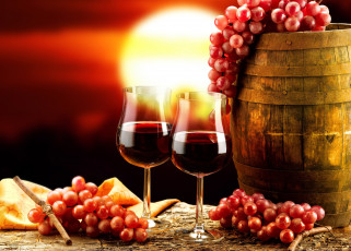 обоя еда, напитки, вино, красный, закат, фон, бочка, виноград, бокалы