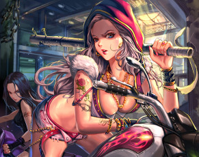 Картинка аниме -weapon +blood+&+technology злость взгляд девушки art redmoon оружие бита мотоцикл грудь