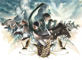 Картинка аниме shingeki+no+kyojin арт персонажи солдаты оружие атака титанов вторжение гигантов лошади