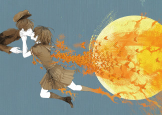 Картинка аниме -halloween+&+magic школьники поцелуй девушка бабочки форма парень yellowhlnch otimusyairoha арт