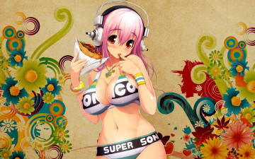 Картинка аниме super+sonico тако девушка наушники купальник еда гитара кулон узор цветы