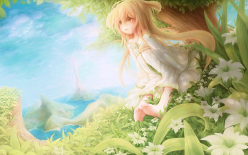 Картинка аниме *unknown+ другое горы вода природа цветы небо арт растения девочка зелень