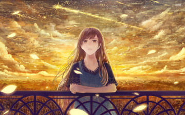 Картинка аниме *unknown+ другое лепестки девушка облака небо перила ограда