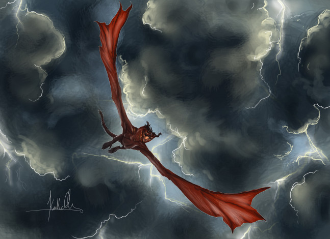 Обои картинки фото фэнтези, драконы, фантастика, красный, дракон, арт, тучи, небо, крылья, полет, пасть