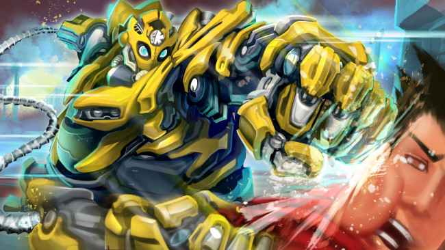 Обои картинки фото фэнтези, роботы,  киборги,  механизмы, blitzcrank, skin, bumblebee, жёлтый, человек, удар, робот, great, steam, golem