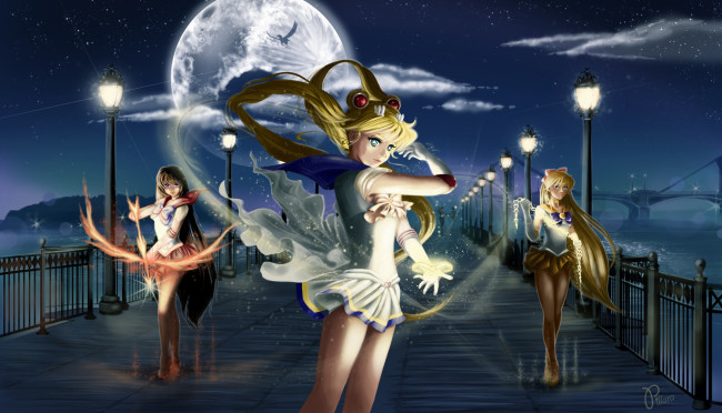 Обои картинки фото аниме, sailor moon, mercury, мост, луна, войны, mars, девушки, pegas, sailor, moon