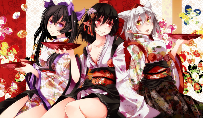 Обои картинки фото аниме, touhou, арт, кимоно, девушки, тоухоу