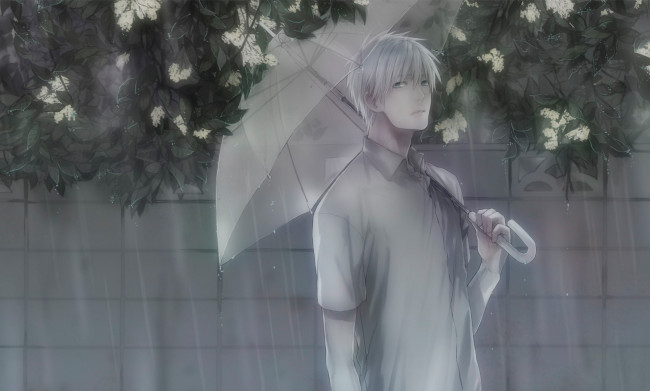 Обои картинки фото аниме, kuroko no baske, kuroko, no, basket, tetsuya, баскетбол, куроко, парень, дождь, зонт, цветы