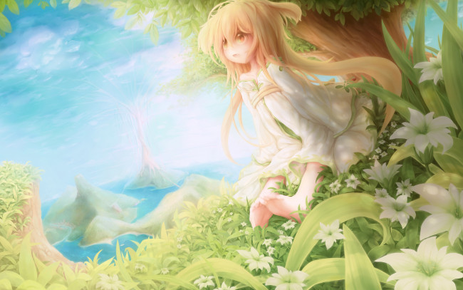 Обои картинки фото аниме, *unknown , другое, горы, вода, природа, цветы, небо, арт, растения, девочка, зелень