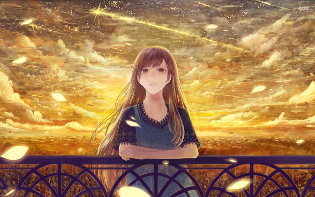 Обои картинки фото аниме, *unknown , другое, лепестки, девушка, облака, небо, перила, ограда
