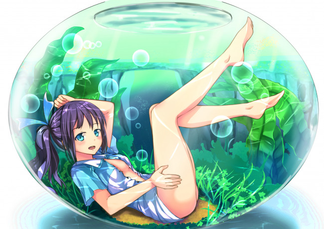 Обои картинки фото аниме, *unknown , другое, арт, yan, nicknikg, девушка, аквариум, вода, водоросли, улыбка