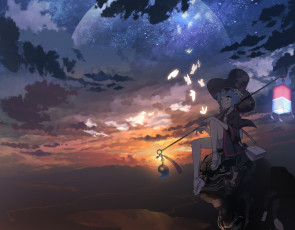 Картинка аниме unknown +другое девочка crusaders quest ночь планета korin арт bek ung фонарь закат