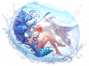 Картинка аниме животные +существа арт aoiakamaou аквариум брызги вода рыба девушка