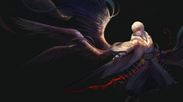 Картинка аниме ангелы +демоны крылья yuuko арт катана кровь оружие tsurumaru kuninaga парень touken ranbu