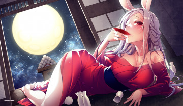 Картинка аниме животные +существа луна саке ночь арт девушка giuniu