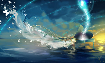 Картинка аниме vocaloid облака небо бабочки вода рояль девушка hatsune miku miemia арт