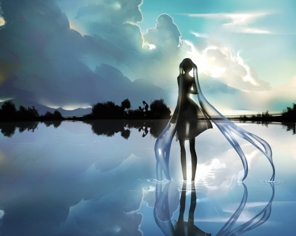 Обои картинки фото аниме, vocaloid, kamachi, kamachi-ko, hatsune, miku, девушка, отражение, вода, небо, арт
