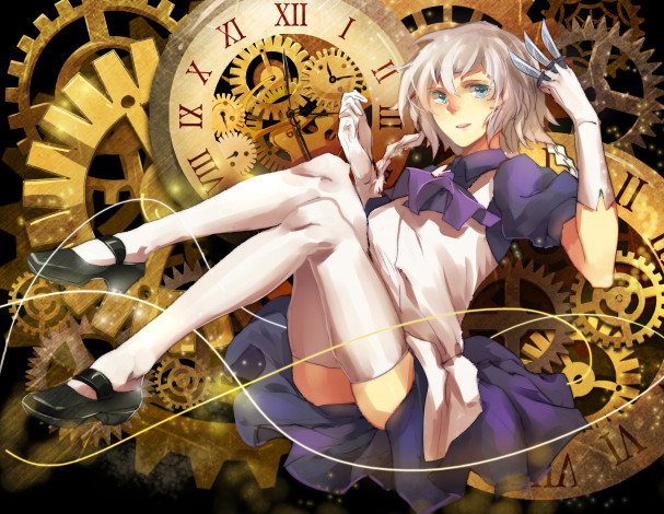 Обои картинки фото аниме, touhou, izayoi, sakuya, часы, девушка, арт, sunyuqian