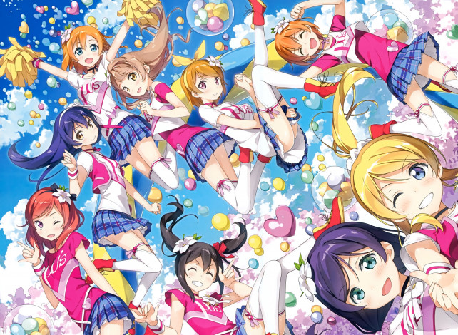 Обои картинки фото аниме, love live,  school idol project, ayase, eri, hoshizora, rin, koizumi, hanayo, kousaka, honoka, minami, kotori, nishikino, maki, sonoda, umi, toujou, nozomi, yazawa, nico, арт, девочки, kantoku