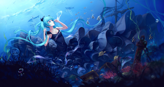 Обои картинки фото аниме, vocaloid, море, арт, вода, платье, девушка, рыбки, sombernight, hatsune, miku